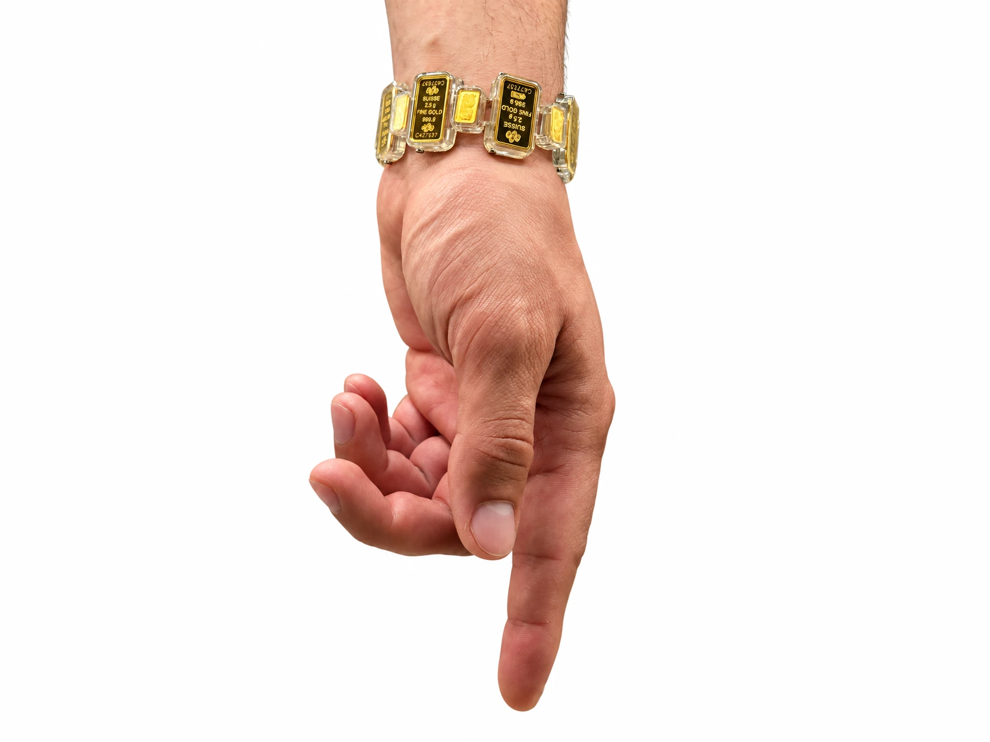 The bracelet worn, capsules and bars sitting flat around the wrist